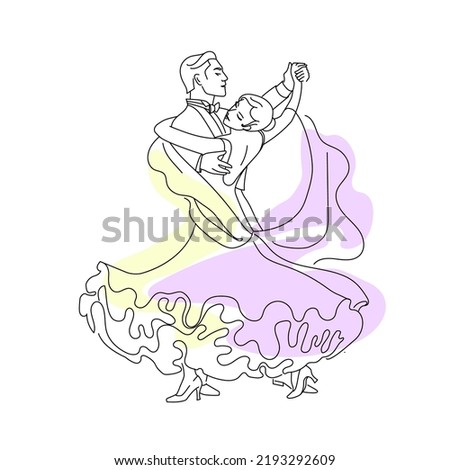 Ballroom dancers. Dancing couple. Professional. Ballroom dance Waltz. One line drawing. Hand drawn. Vector illustration. Royalty-Free Stock Photo #2193292609