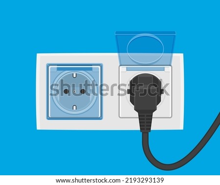 The plug is plugged into the power lines. Black  plug inserted in a wall socket ,cover for protection, child proofed system. 
Vector illustration cartoon flat icon isolated on blue background. Royalty-Free Stock Photo #2193293139