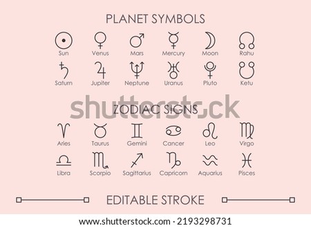 Set of Astrological symbols and Zodiac signs vector thin line icons with editable stroke. Planet symbols: Sun, Venus, Mars, Mercury,  Moon, Jupiter, Saturn, Neptune,  Uranus, Pluto, Rahu, Ketu. Royalty-Free Stock Photo #2193298731