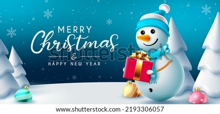 Christmas snowman greeting vector design. Merry christmas typography text with cute snow man character giving gift in outdoor snow and for winter holiday eve. Vector illustration.
 Royalty-Free Stock Photo #2193306057