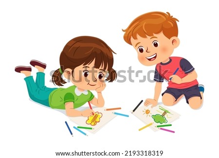 Little boy and girl drawing pictures with color pencils on a paper laying on floor. Cartoon character isolated on white background. Vector illustration