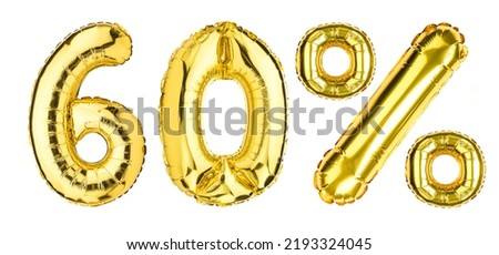 60 Sixty Percent % balloons. Sale, Clearance, discount. Yellow Gold foil helium balloon. Word good for store, shop, shopping mall. English Alphabet Letters. Isolated white background.