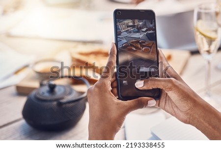 Social media breakfast, food and champagne idea for a blog to post online for restaurant or cafe shop web advertising. Marketing, photographer and woman whos a professional internet influencer