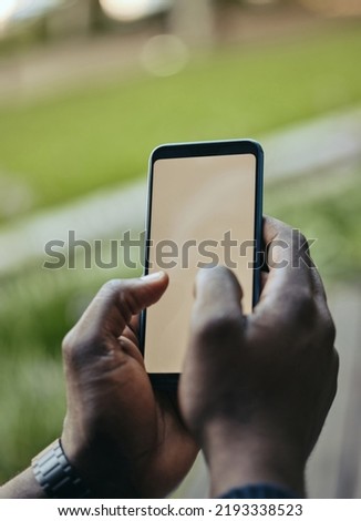 Digital phone and mockup space for screen looking at social media, internet or web content. Hands typing on a mock up display using mobile apps, 5g internet and online communication technology