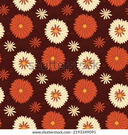 Seamless retro pattern with groovy flowers on dark background. Vector hippie texture with white and red flowers. Floral old-fashioned background with chamomile for fabrics and wallpapers.