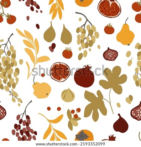 Autumn harvest seamless pattern. Fall background with fresh cute fruits and berries isolated on white. Pear, fig, grape, pomegranate. Autumn pattern with decorative elements. Flat cartoon style vector