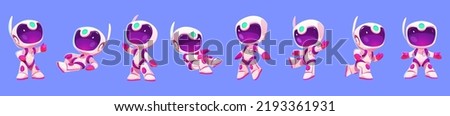 Cute little spaceman in suit and helmet in different poses. Vector cartoon set of astronaut character in spacesuit lying, run, jump, show thumb up and waving isolated on blue background Royalty-Free Stock Photo #2193361931