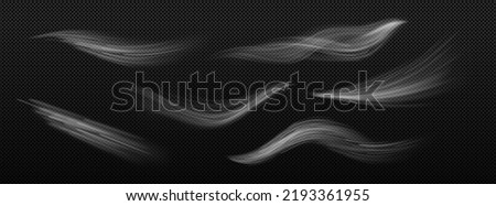 Wind, white smoke or cold air motion effect isolated on transparent background. Vector realistic illustration of abstract wind flows, dust flows or scratch lines Royalty-Free Stock Photo #2193361955