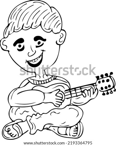 Kid playing guitar doodle, young boy with guitar in hand in sitting pose cartoon drawing, Kids playing musical instrument line art vector illustration, young boy playing guitar clipart silhouette