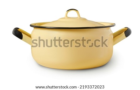 Front view of low yellow enamel cooking pot isolated on white Royalty-Free Stock Photo #2193372023