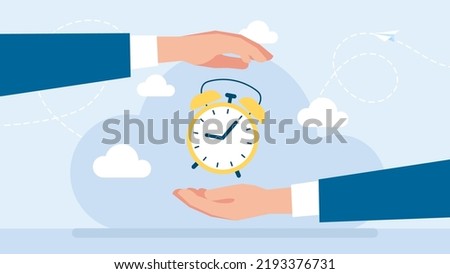 The metaphor of Time management. Save time, plan business. Businessman holding a clock in hands. Execution of tasks on time. Adherence to the deadline. Resource management.  Flat vector illustration. Royalty-Free Stock Photo #2193376731