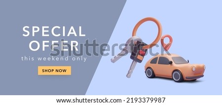 Best sale deal concept banner with 3d realistic car and keys. Vector illustration