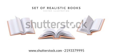 Set of 3d realistic open books in different positions isolated on white background. Vector illustration