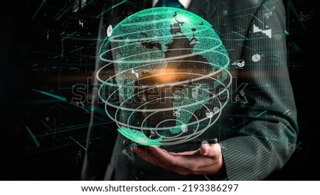 Businessman show hologram of global business communication allusive technology. Virtual augmented reality generated by 3D rendering motion graphic and animation to create futuristic HUD .