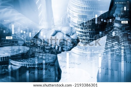 Business handshake on finance prosperity and money technology asset background . Economy and financial growth by investment in valuable stock market to gain wealth profit form currency trading Royalty-Free Stock Photo #2193386301