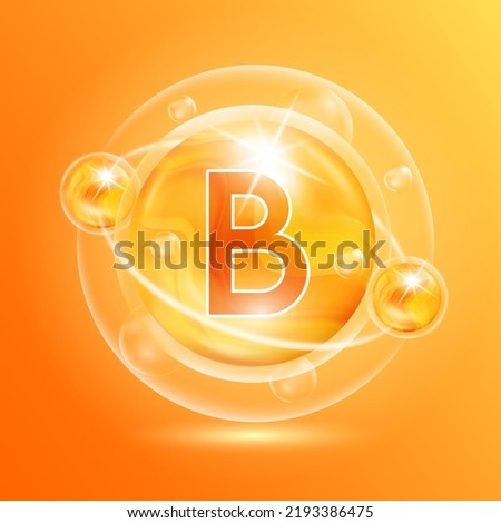 Vitamin B orange. Pill vitamins complex and bubble collagen serum chemical formula. Beauty treatment nutrition skin care design. Medical and scientific concepts. 3D Vector EPS10. Royalty-Free Stock Photo #2193386475