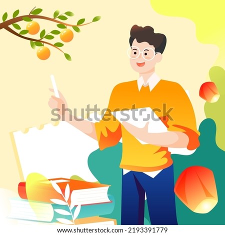 Celebrating teacher's day and mid-autumn festival, students thank teacher with moon and books in background, vector illustration