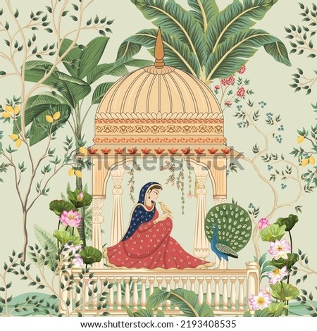 Traditional Mughal queen sitting in garden, arch, temple, lamp, bird vector illustration seamless pattern for wallpaper Royalty-Free Stock Photo #2193408535