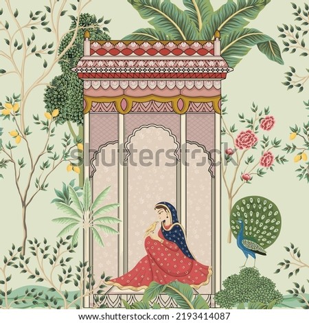 Traditional Mughal queen sitting in garden, arch, temple, lamp, bird vector illustration seamless pattern for wallpaper Royalty-Free Stock Photo #2193414087