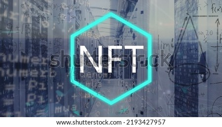 Image of nft symbol, maths calculatuions and processing data over computer server room. Global communication, non fungible tokens, business and cryptocurrency concept digitally generated image.