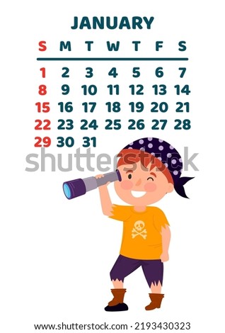 April 2023 calendar page. Vector flat cartoon illustration with cute pirate. Funny boy with spyglass. Template for print. Vertical layout. White background