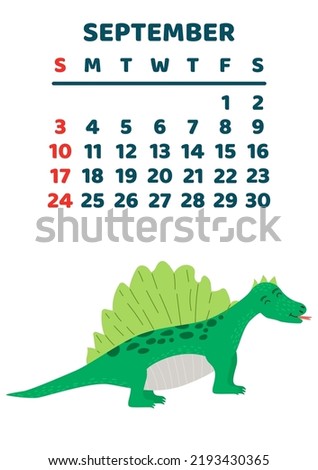 Cute dinosaur calendar template for children series. Septemper