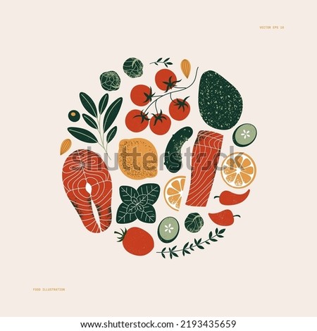 Healthy eating ingredients in circle composition. Salmon and vegetables. Keto food. Tomato and herbs. Vector illustration.