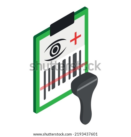 Medicine prescription icon isometric vector. Clipboard, eye sign, barcode scanner. Medical form, doctor prescription, ophthalmology