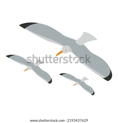 Seagull icon isometric vector. Three flying beautiful gray sea gull icon. Seabird, seagull, seafowl, larus, mew gull Royalty-Free Stock Photo #2193437629