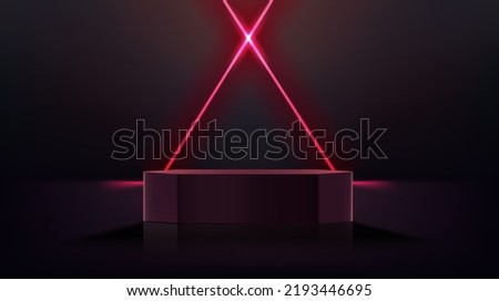 Dark room with red cross neon lights and podium. 3d vector showcase with copy space