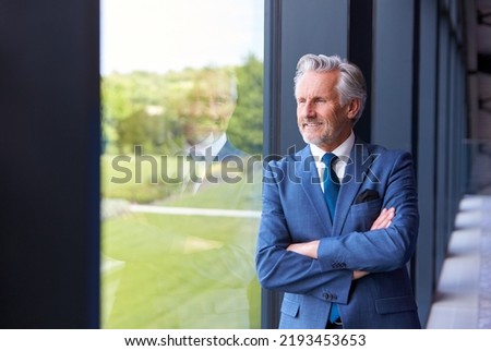 Portrait Of Smiling Senior Businessman CEO Chairman Standing By Window Inside Modern Office Building