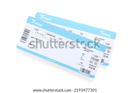 Tickets isolated on white, top view. Travel agency concept Royalty-Free Stock Photo #2193477305
