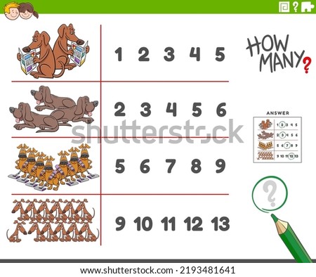 Cartoon illustration of educational counting activity for children with funny dogs animal characters