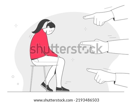 Sad young woman being judged by different people pointing fingers at her. Shame, stress and anxiety, victim-blaming. Outline illustration Royalty-Free Stock Photo #2193486503