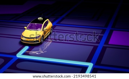 Ordering a taxi cab online internet service transportation concept navigation pin pointer with checker pattern and yellow taxi 3d render illustration background
