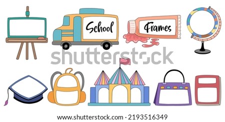 Set of vector illustrations Colorful frames for name tags, kids art, kids activities, worksheet decorations, teacher elements, education, activity boards, and more.