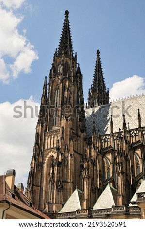 Facade of St. Vitus Cathedral Street, Prague, Czech Republic, the decorative elements of the facade, cut stone with signs of restoration