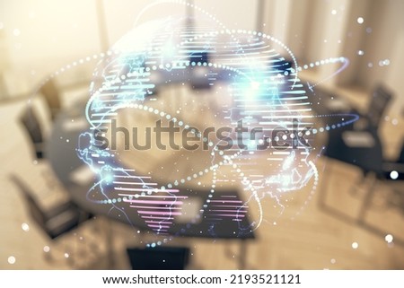 Abstract graphic digital world map hologram with connections on a modern coworking room background, globalization concept. Multiexposure