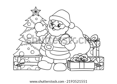 Santa Claus waving and holding a sack of presents next to a Christmas tree surrounded by colorful gift boxes cartoon illustration outline. Coloring book page printable activity worksheet for kids.