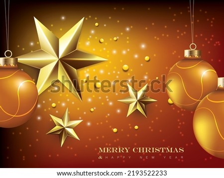 vector illustration merry christmas and happy new year golden color background design template.include golden stars and golden christmas balls. use for christmas card and poster.