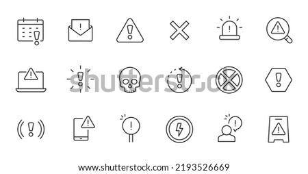 Alert, risk sign line icon set. Caution, warning, exclamation mark thin editable line stroke icon. Alert information, accident notification vector illustration.