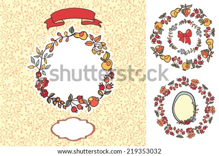 Cute bright autumn design template.Berries,fruits,wreath,branches,leaves,ribbon,pattern,labels. Easy to edit. For birthday ,holidays,invitations,cards,children's template.Vector