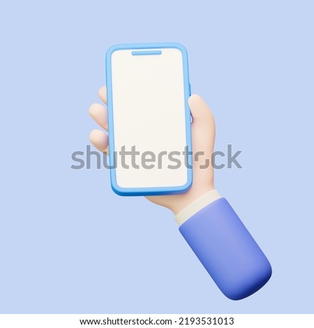 3D icon Hand holding mobile phone with blank screen on blue background with Clipping path. 3D Rendering