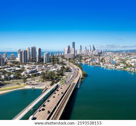 Sundale Bridge and Gold Coast skyline on a sunny day, Queensland, Australia Royalty-Free Stock Photo #2193538153