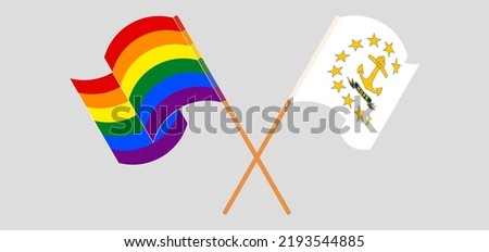 Crossed and waving flags of LGBTQ and the State of Rhode Island. Vector illustration
