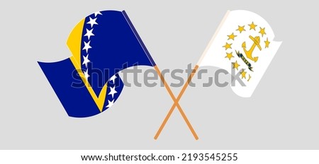 Crossed and waving flags of Bosnia and Herzegovina and the State of Rhode Island. Vector illustration
