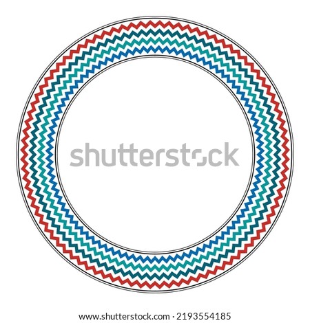 Zigzag pattern, circle frame in ancient Egypt color style. Decorative, round border, made of bold serrated lines, surrounded and framed by black circles. Isolated illustration over white. Vector. Royalty-Free Stock Photo #2193554185