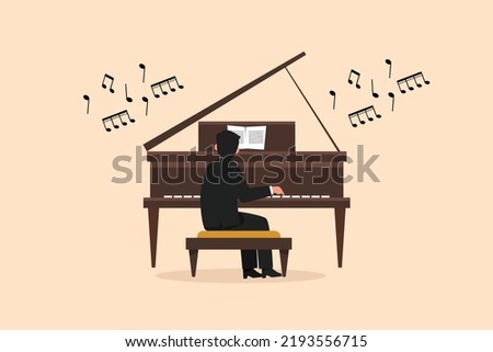 Business design drawing man plays piano. Male performer sits at musical instrument and plays jazz or blues. Professional musician. Person performs on stage. Flat cartoon style vector illustration