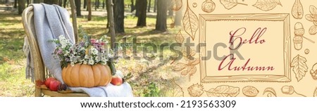Bouquet of beautiful flowers in pumpkin on chair and text HELLO AUTUMN