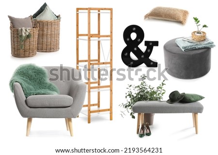 Group of new furniture and decor for room interior on white background Royalty-Free Stock Photo #2193564231
